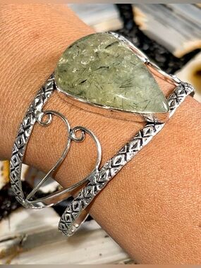 Yellow-Green Prehnite Cuff Bracelet- Adjustable